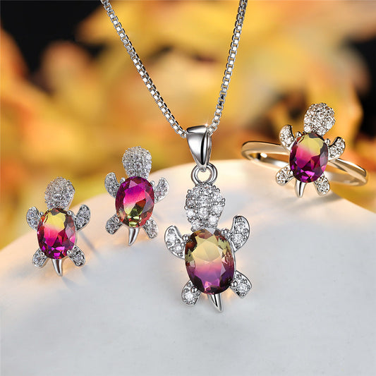 Elegant Oval Zircon Turtle Necklace with Rainbow Stone