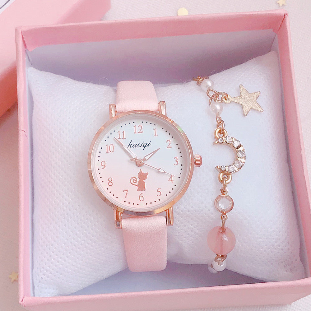 Minimalist Cat Design Analog Wristwatch Set