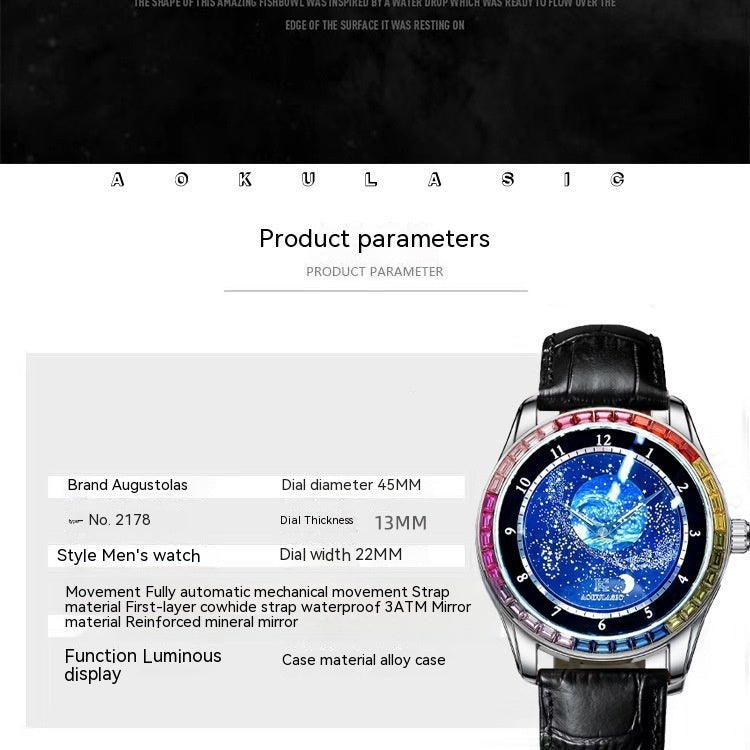 Ogulas Starry Sky Colorful Crystals Automatic Mechanical Watch Men's Waterproof Luminous Personality