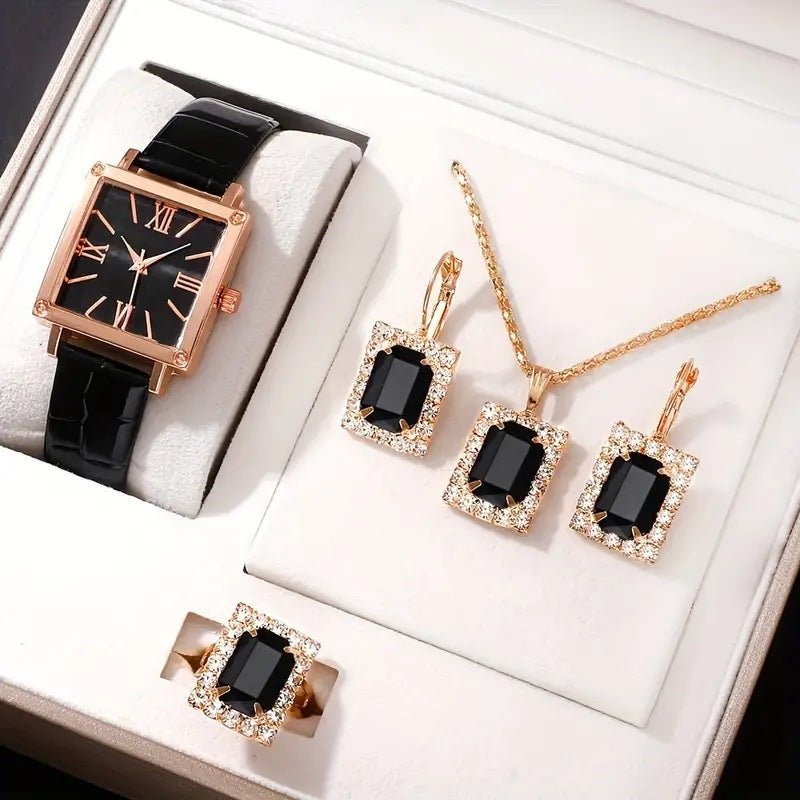 Dazzling Diamond-Accented Quartz Watch & Jewelry Set