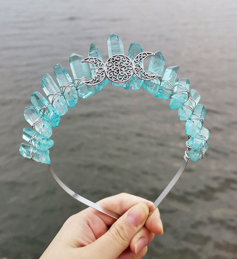 Dress Up Hollow 3 Moon Accessories Electroplating Natural Crystal Crown Headband