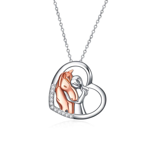 925 Sterling Silver Horse Girls Embrace Horse Pendant Necklace Jewelry