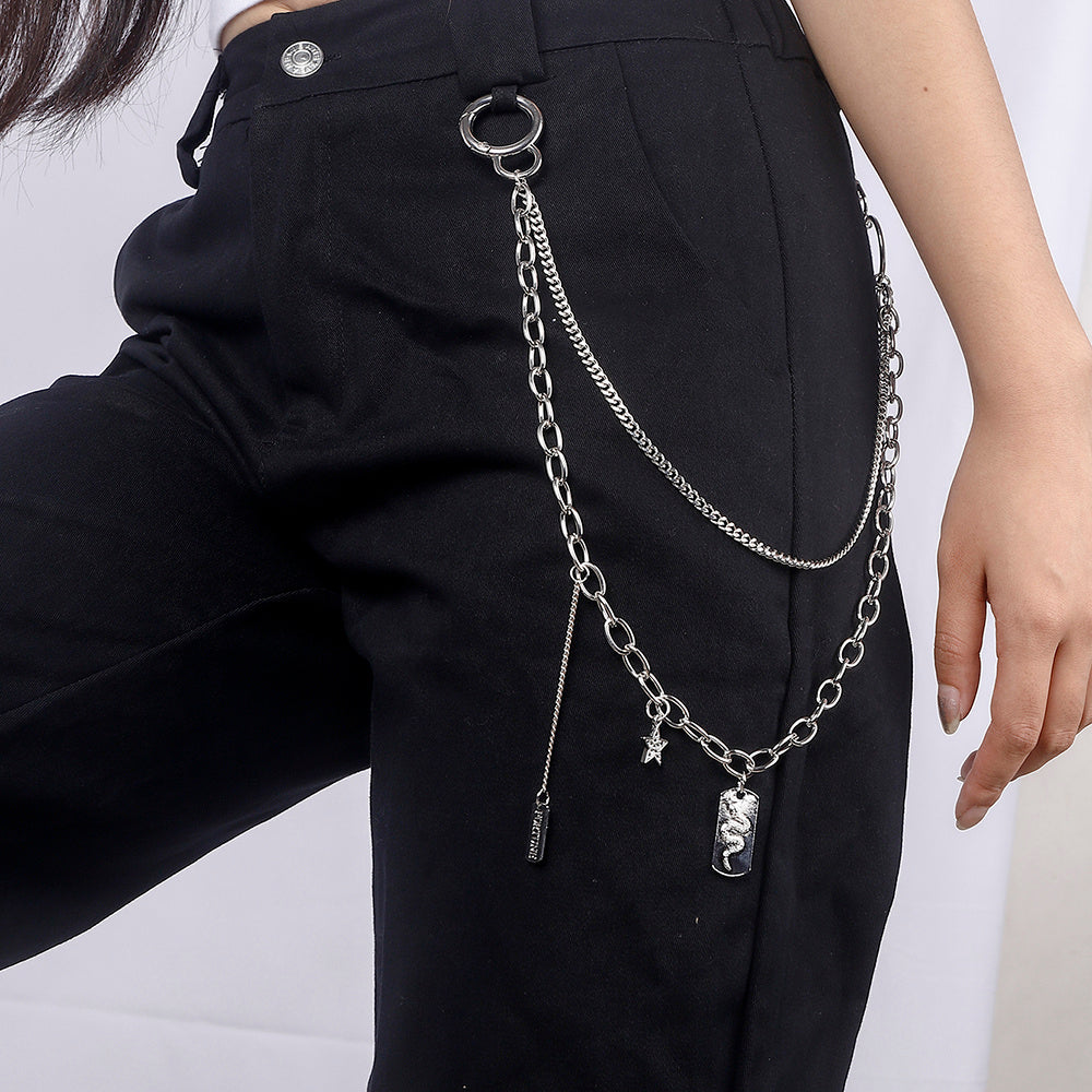 New Fashion Trend Serpentine Star Double Silver Metal Trouser Chain Men And Women Multi-level Punk Hip-hop Waist Chain Decorative Jeans