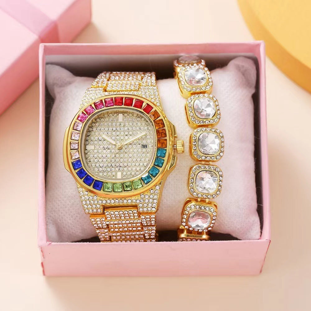 Full Diamond Inlaid Color Diamond Steel Belt Square Belt Calendar Quartz Wrist Watch