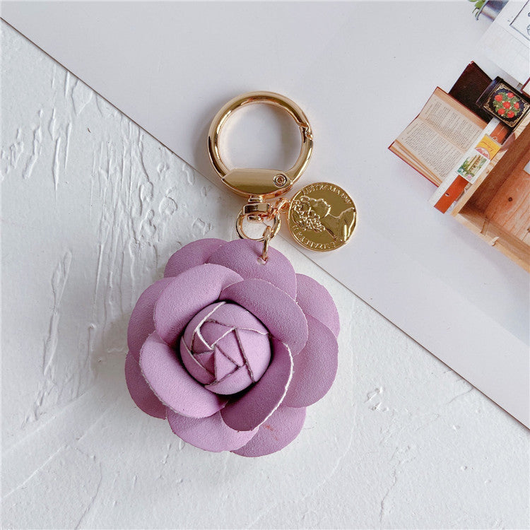 Fashion Leather Camellia Car Keychain