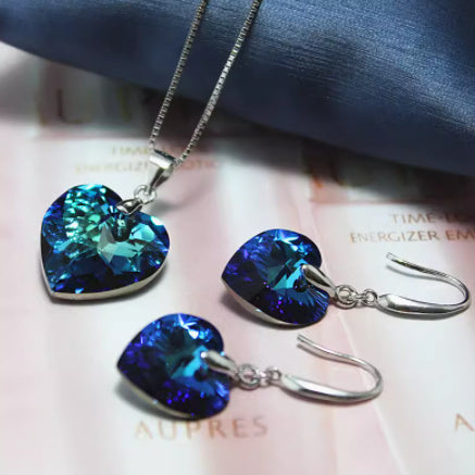 Blue Crystal Heart Dangle Earrings