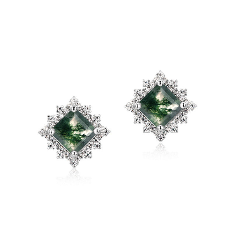 Light Luxury Green Moss Square Water Plants Agate Stud Earrings