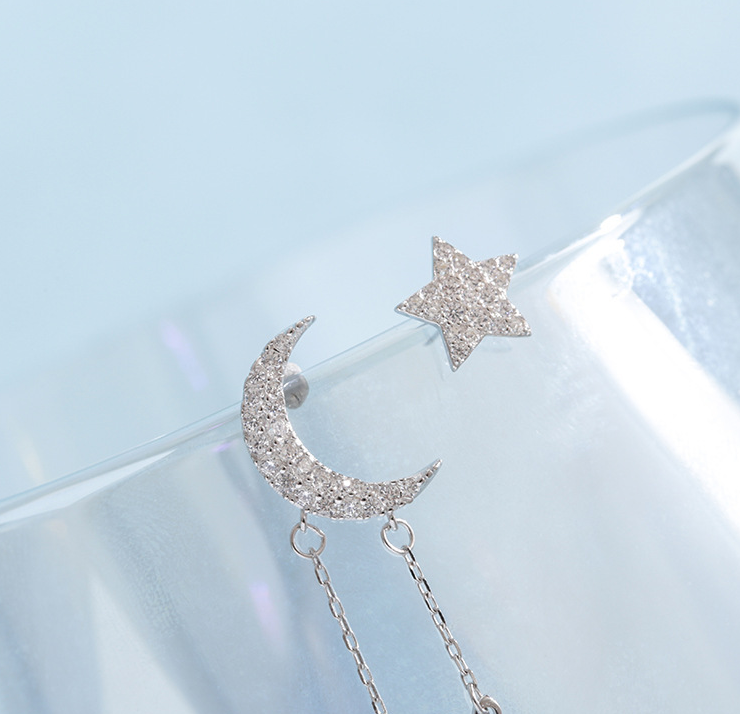 Asymmetrical Star Moon Tassel Sterling Silver Stud Girl