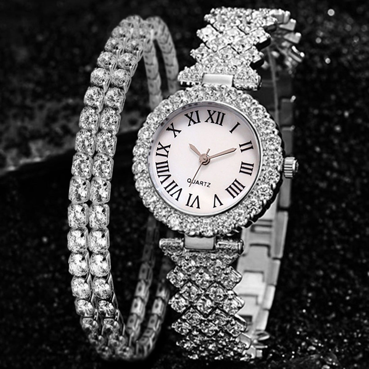 Fashion Luxury Diamond Quartz Watch Double-layer Diamond Bracelet 2PCs