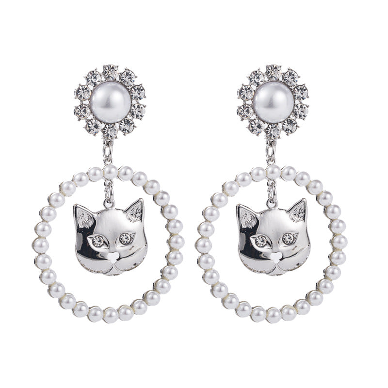 Shiny Alloy Diamond-studded Cat Head Ring Pearl Earrings Women's Trend Light Luxury High-end