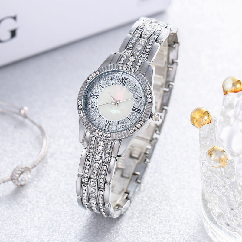 Diamond-embedded Luxury Starry Sky Shell Surface Women's Fashion All-match Elegant Bracelet Set Quartz Watch
