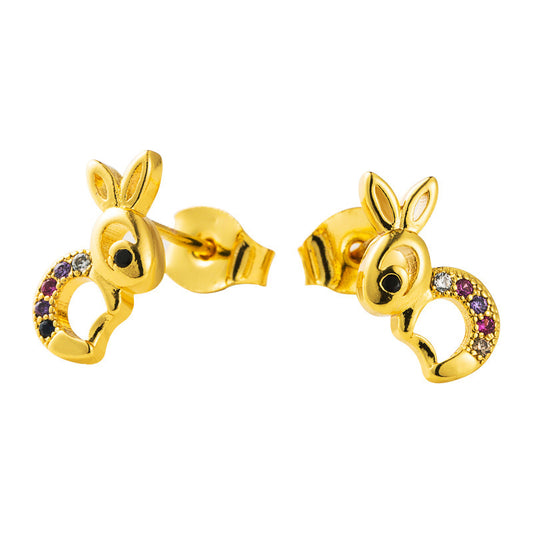 Copper Micro-inlaid Colorful Zircon Earrings Cute Jade Rabbit Personality All-match Earrings Earrings