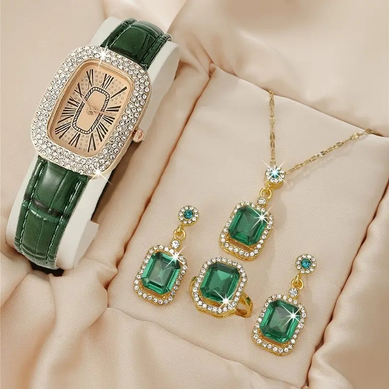 Dazzling Diamond-Accented Quartz Watch & Jewelry Set