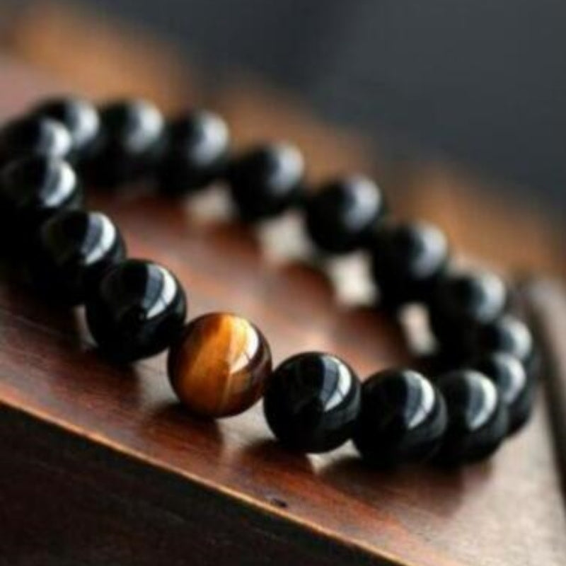 Natural Black Onyx With Stone Tiger Eyes Energy Bracelet