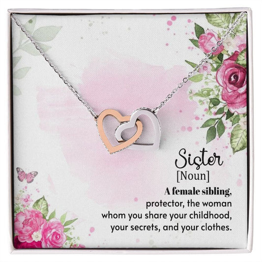 Interlocking Hearts Necklace With Message Card : Gifts For Sister - Sister [Noun] A Female Sibling - Gift For Birthday, Graduation