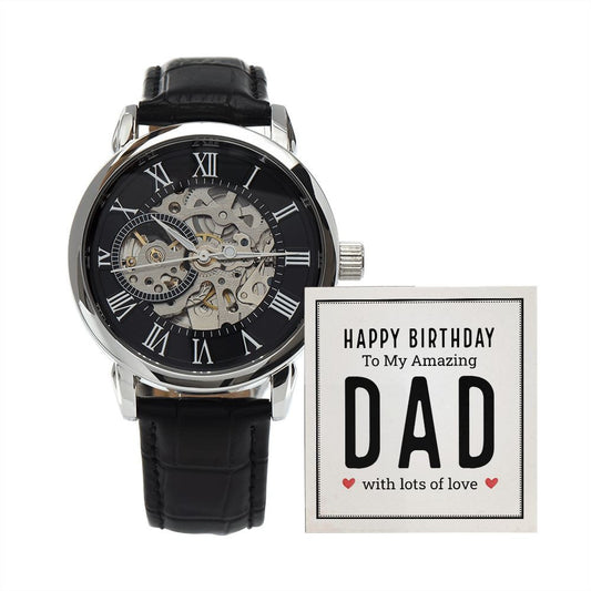 Men's Openwork Watch With Message Card : Gifts For Dad - Happy Birthday To My Amazing Dad - Gift For Father's Day, Birthday
