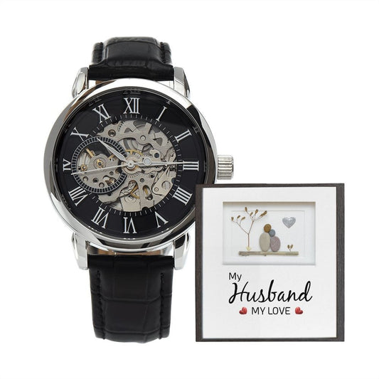Men's Openwork Watch With Message Card : Gift For Husband - My Husband My Love - Gifts For Anniversary, Birthday