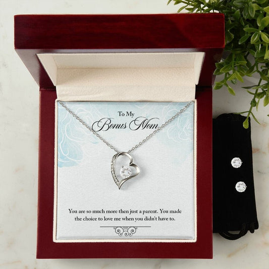 Forever Love Necklace + Clear CZ Earrings Message Card : Gifts For Mom - To Bonus Mom - More Than A Parent - Gift For Mother's Day, Birthday